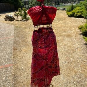 Coldwater Creek Red Floral print chiffon staggered hem  flowy Midi Skirt